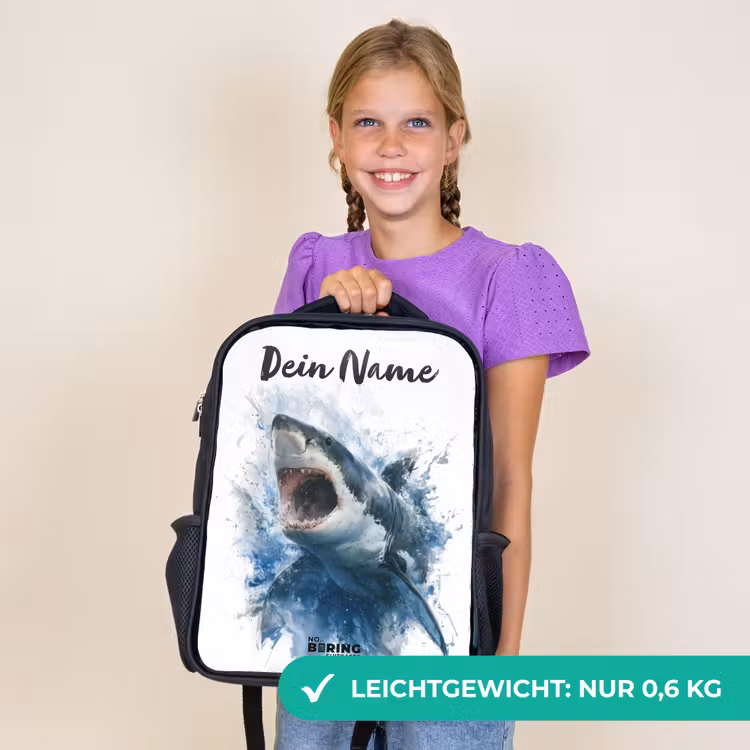 Kinderrucksack mit Namen - Schwarz - Angreifender Hai in Aquarell — 7