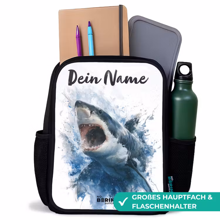 Kinderrucksack mit Namen - Schwarz - Angreifender Hai in Aquarell — 8