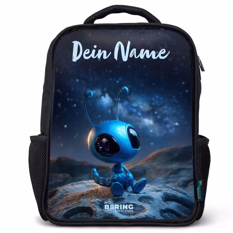 Kinderrucksack mit Namen - Schwarz - Blaue außerirdische Kreatur unter dem Sternenhimmel — 1