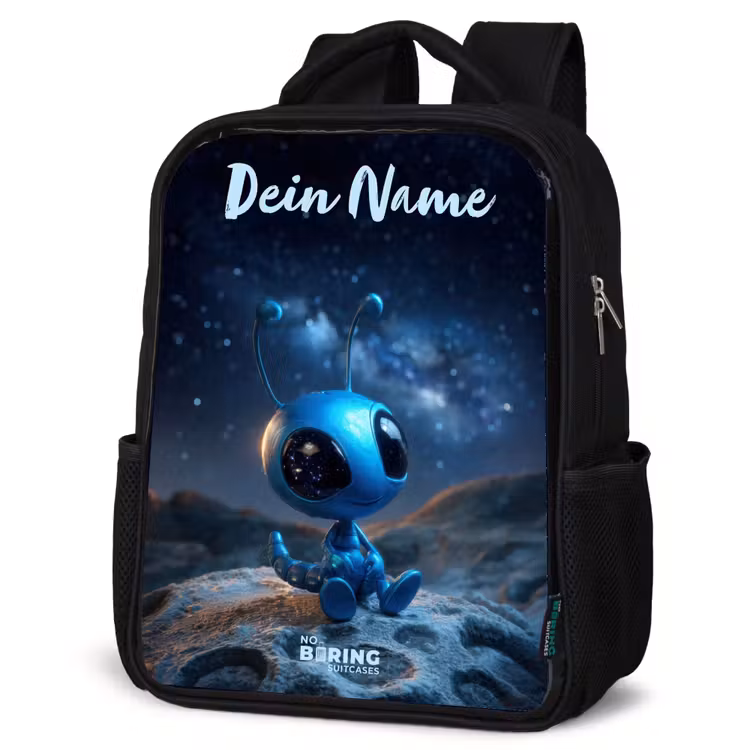 Kinderrucksack mit Namen - Schwarz - Blaue außerirdische Kreatur unter dem Sternenhimmel — 4