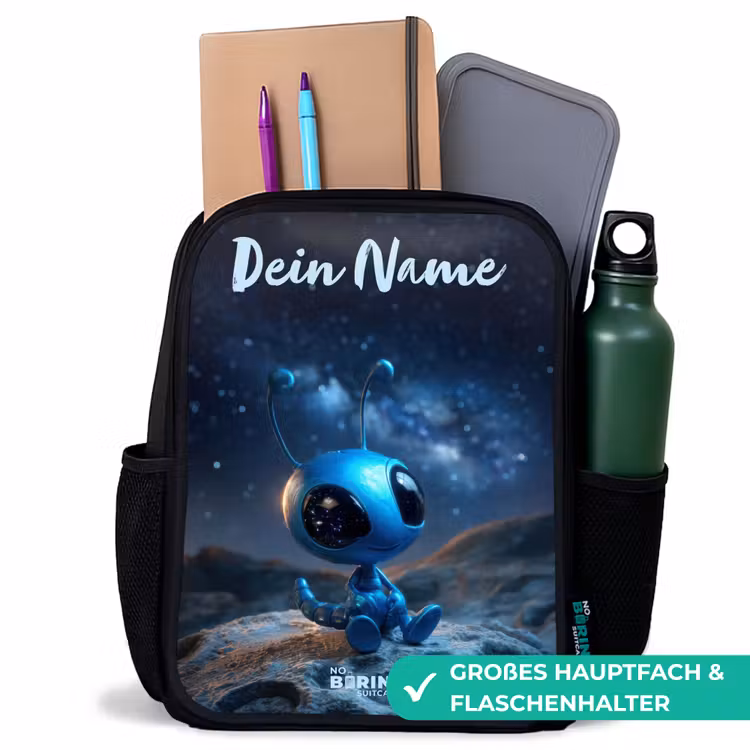 Kinderrucksack mit Namen - Schwarz - Blaue außerirdische Kreatur unter dem Sternenhimmel — 8
