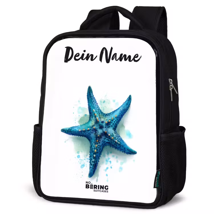 Kinderrucksack mit Namen - Schwarz - Blauer Seestern auf weißem Hintergrund — 4