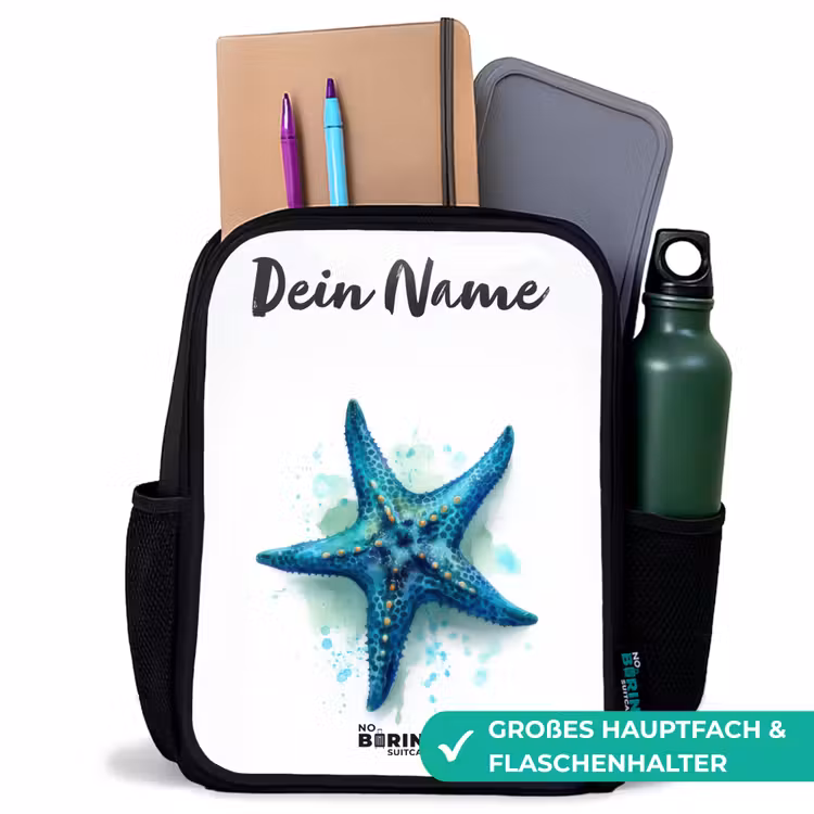 Kinderrucksack mit Namen - Schwarz - Blauer Seestern auf weißem Hintergrund — 8