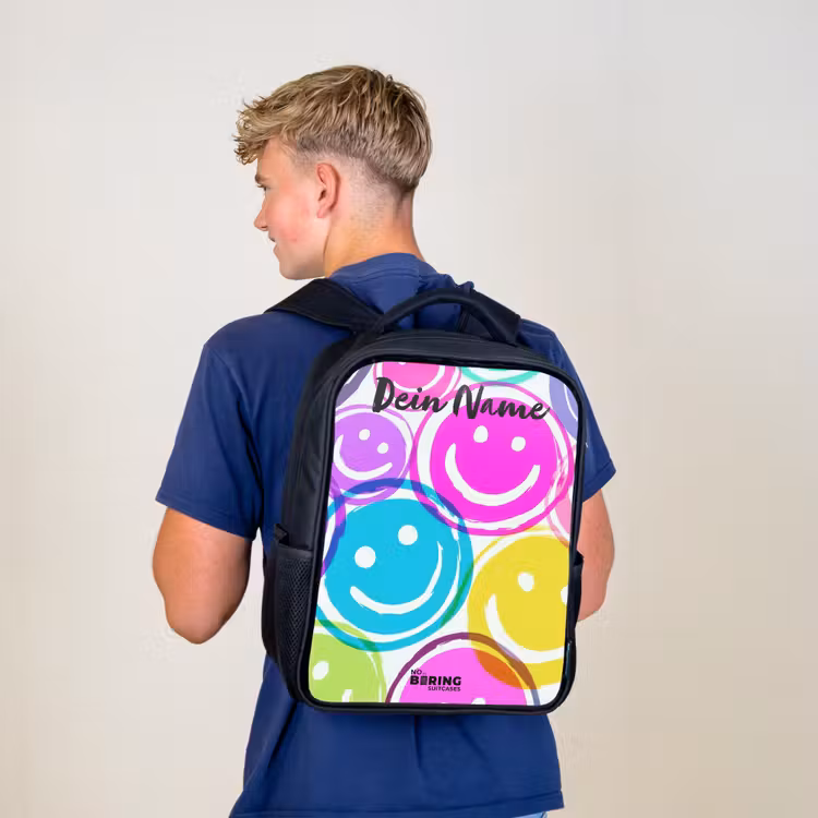 Kinderrucksack mit Namen - Schwarz - Bunte Lächel-Explosion — 3