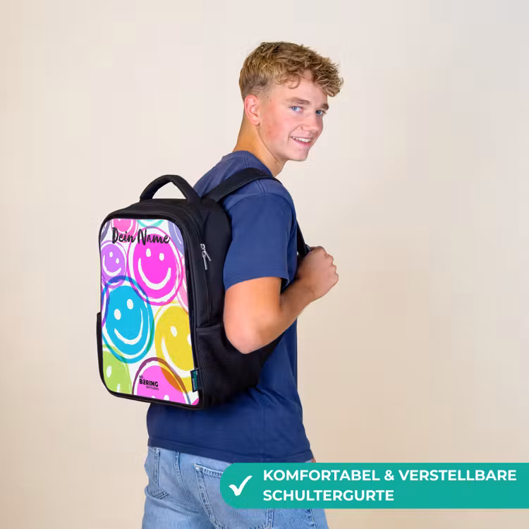 Kinderrucksack mit Namen - Schwarz - Bunte Lächel-Explosion — 9