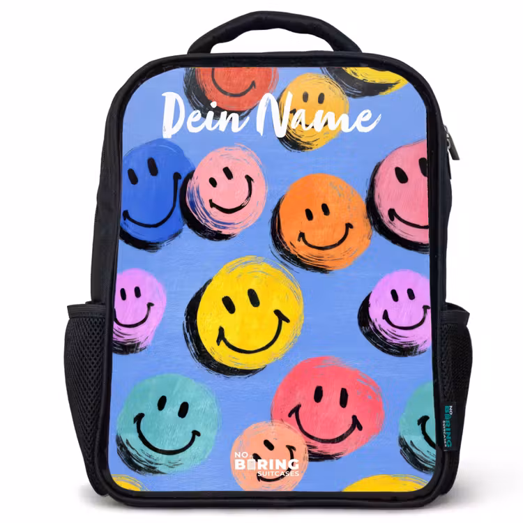 Kinderrucksack mit Namen - Schwarz - Ein verspieltes und künstlerisches Muster aus bunten Smileys — 1