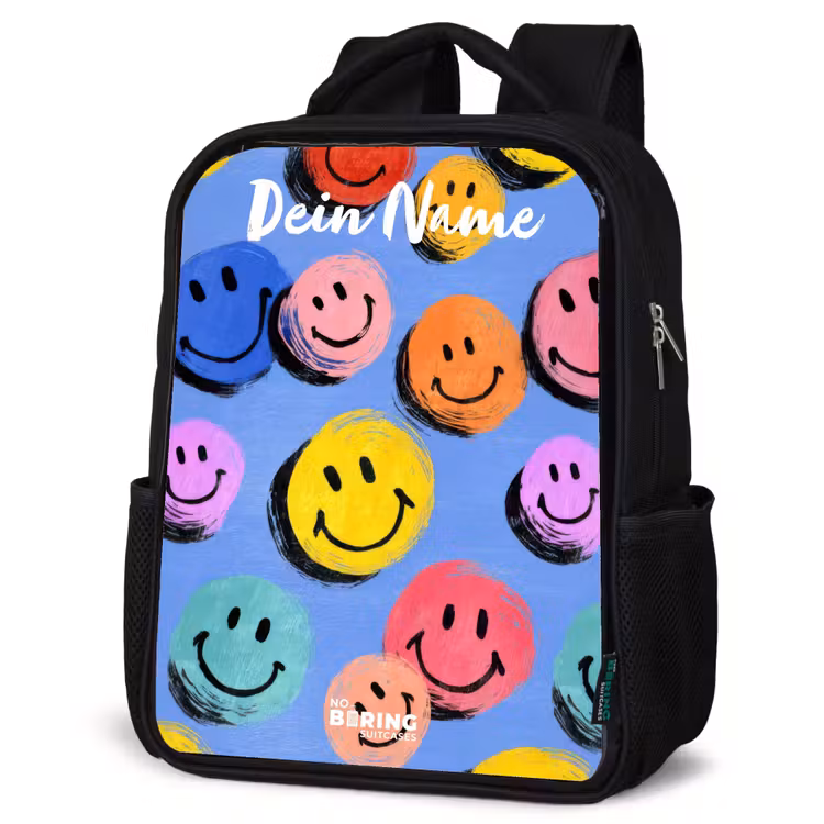 Kinderrucksack mit Namen - Schwarz - Ein verspieltes und künstlerisches Muster aus bunten Smileys — 4