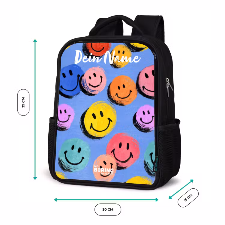 Kinderrucksack mit Namen - Schwarz - Ein verspieltes und künstlerisches Muster aus bunten Smileys — 6