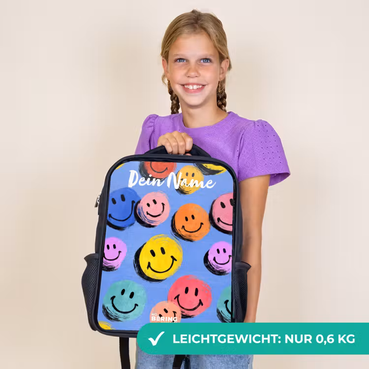 Kinderrucksack mit Namen - Schwarz - Ein verspieltes und künstlerisches Muster aus bunten Smileys — 7