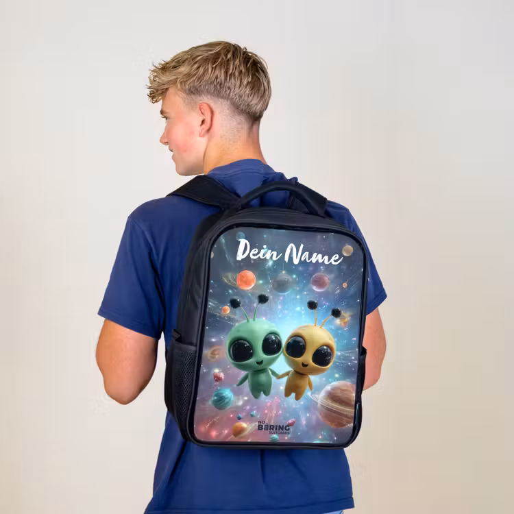 Kinderrucksack mit Namen - Schwarz - Fröhliche außerirdische Freunde — 3