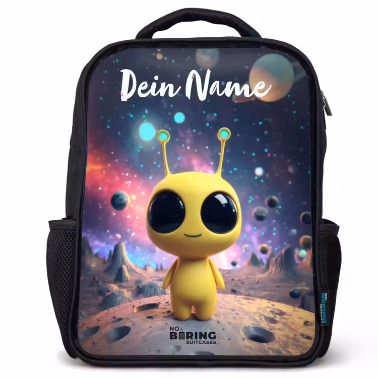 Kinderrucksack mit Namen - Schwarz - Fröhlicher kleiner Außerirdischer — 1