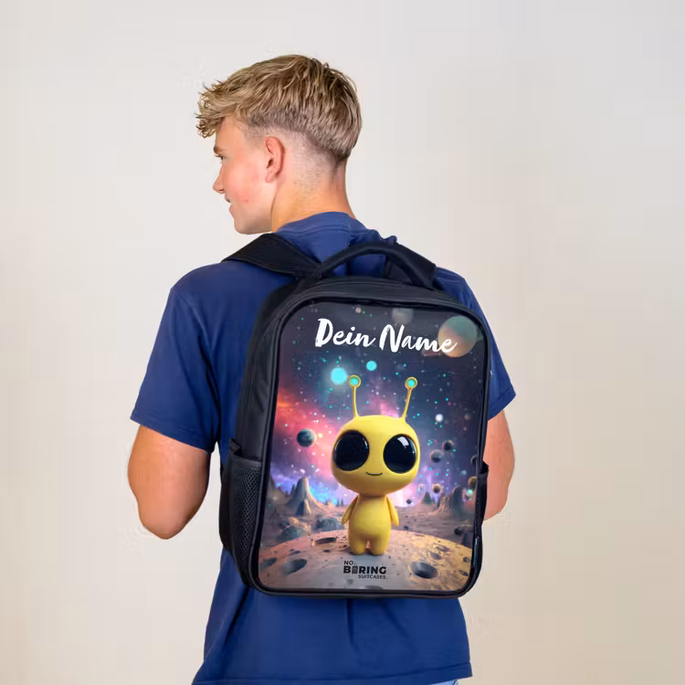 Kinderrucksack mit Namen - Schwarz - Fröhlicher kleiner Außerirdischer — 3