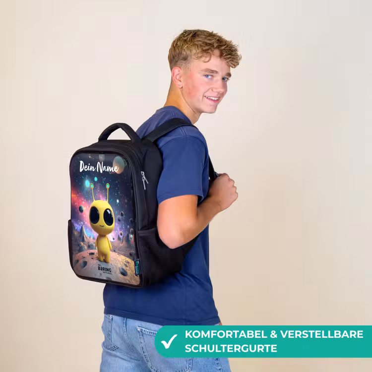 Kinderrucksack mit Namen - Schwarz - Fröhlicher kleiner Außerirdischer — 9