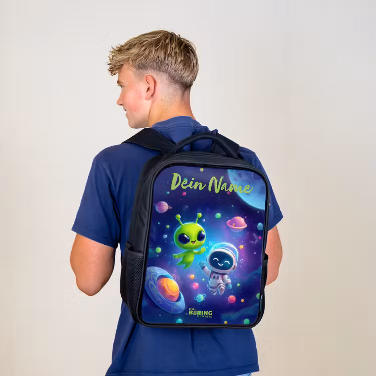 Kinderrucksack mit Namen - Schwarz - Fröhliches Treffen im Weltraum — 3
