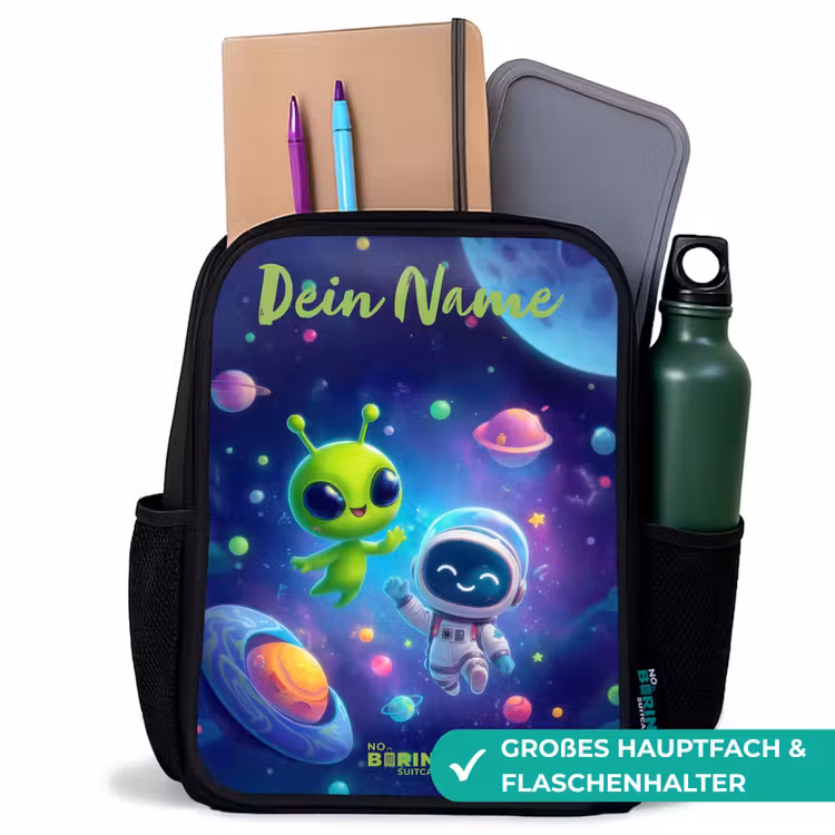 Kinderrucksack mit Namen - Schwarz - Fröhliches Treffen im Weltraum — 8