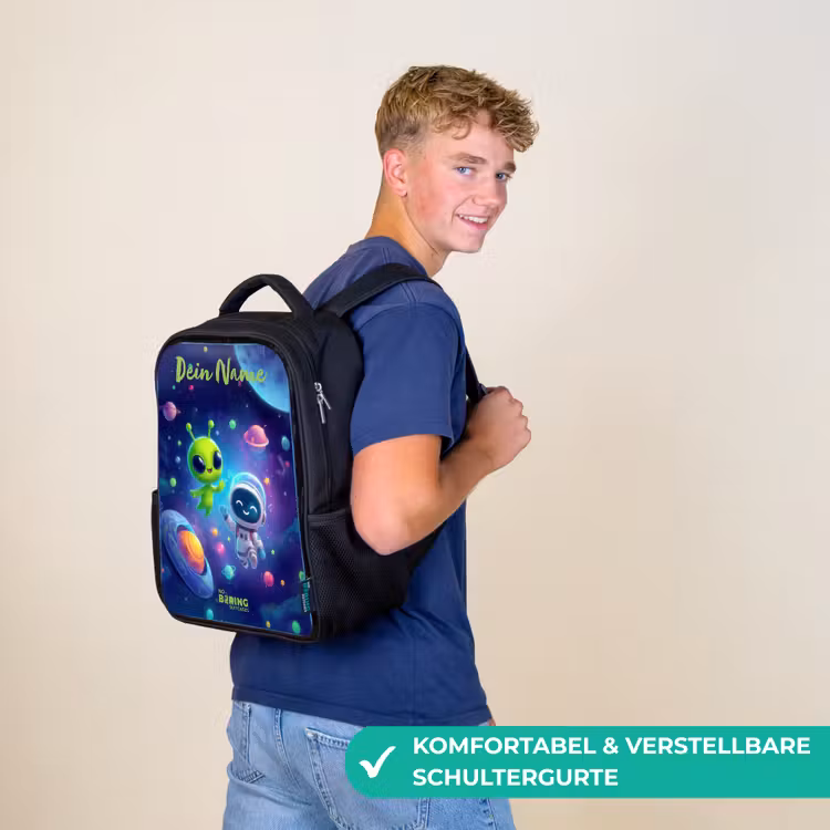 Kinderrucksack mit Namen - Schwarz - Fröhliches Treffen im Weltraum — 9