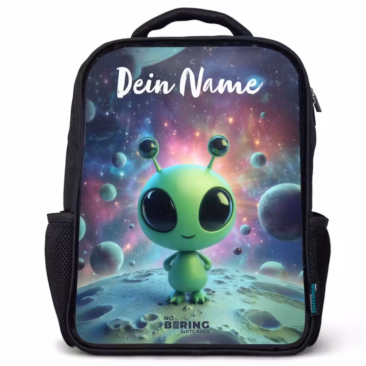 Kinderrucksack mit Namen - Schwarz - Grünes außerirdisches Wesen auf Mondlandschaft — 1