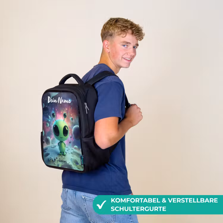 Kinderrucksack mit Namen - Schwarz - Grünes außerirdisches Wesen auf Mondlandschaft — 9