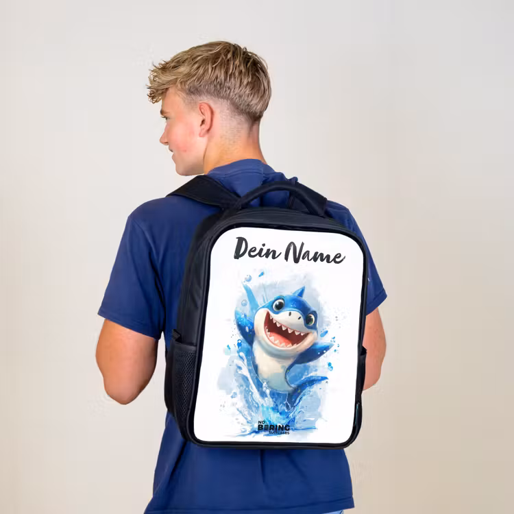 Kinderrucksack mit Namen - Schwarz - Hai - Zähne - Wasser — 3