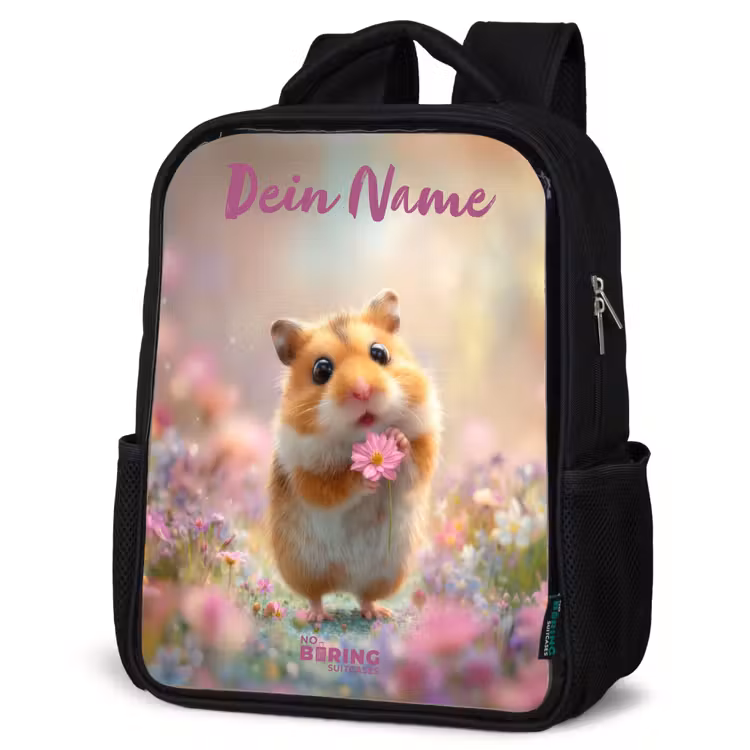 Kinderrucksack mit Namen - Schwarz - Hamster - Blume - Natur - Tier — 4