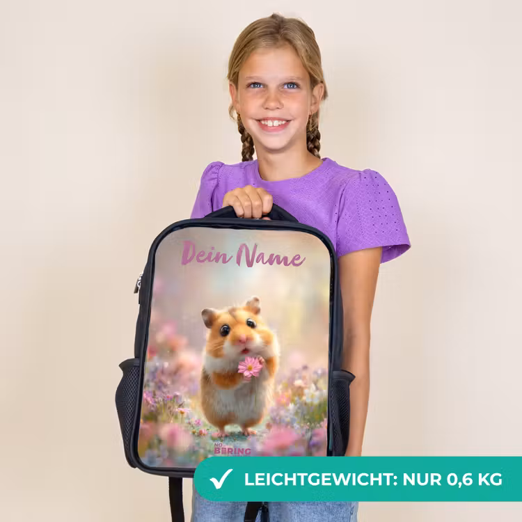 Kinderrucksack mit Namen - Schwarz - Hamster - Blume - Natur - Tier — 7