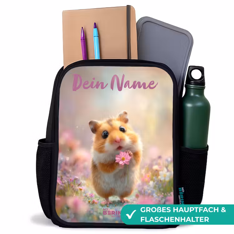Kinderrucksack mit Namen - Schwarz - Hamster - Blume - Natur - Tier — 8