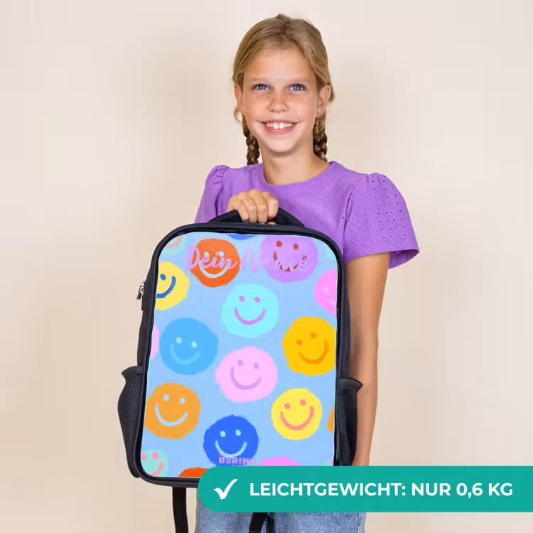 Kinderrucksack mit Namen - Schwarz - Heiteres Muster von Smileys — 7