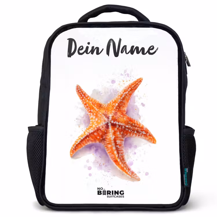 Kinderrucksack mit Namen - Schwarz - Orange Seestern Illustration — 1