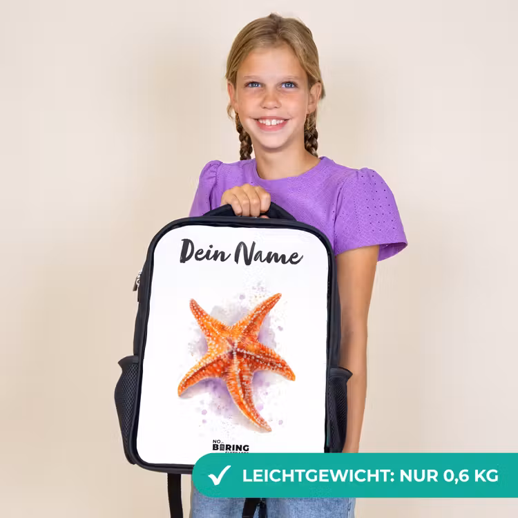 Kinderrucksack mit Namen - Schwarz - Orange Seestern Illustration — 7