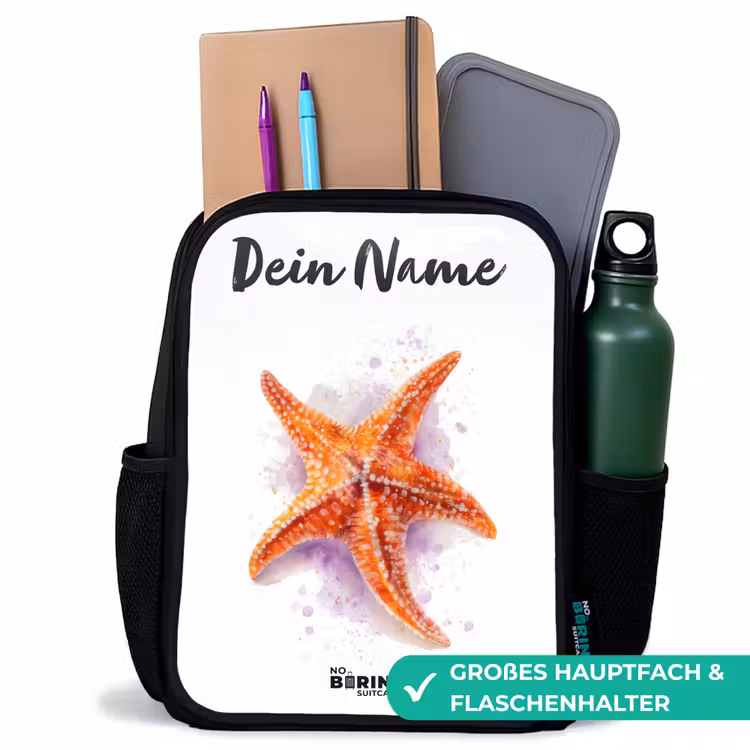 Kinderrucksack mit Namen - Schwarz - Orange Seestern Illustration — 8