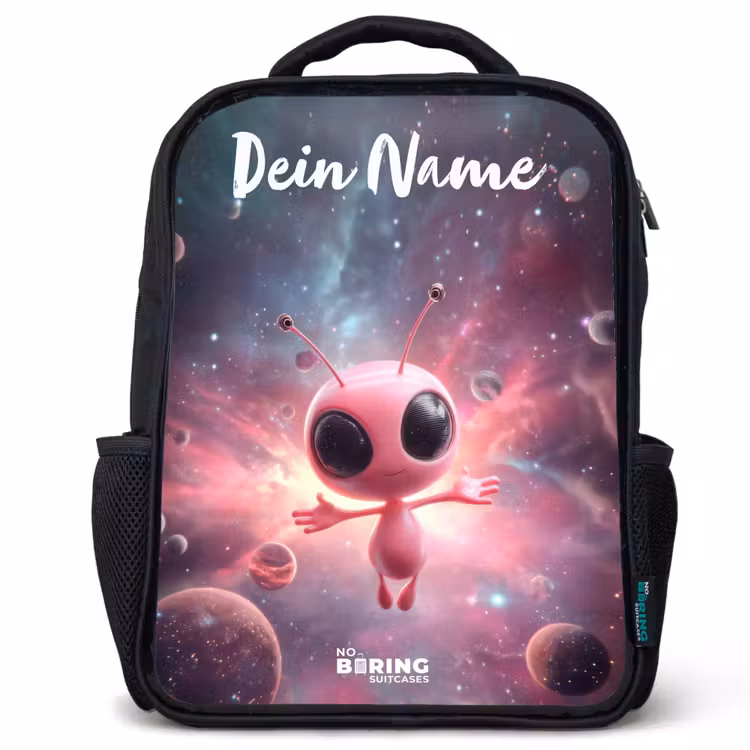 Kinderrucksack mit Namen - Schwarz - Rosa Alien im Sternennebel — 1