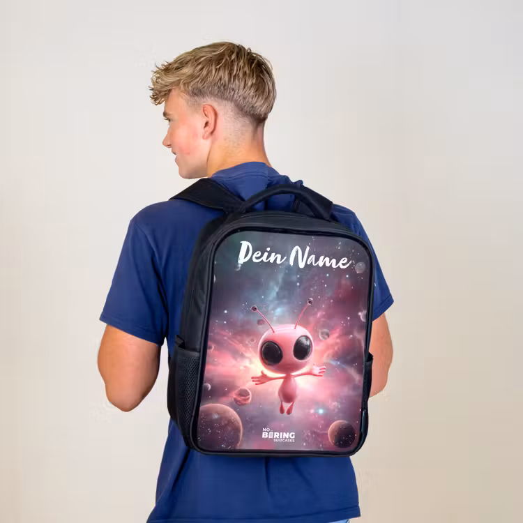 Kinderrucksack mit Namen - Schwarz - Rosa Alien im Sternennebel — 3