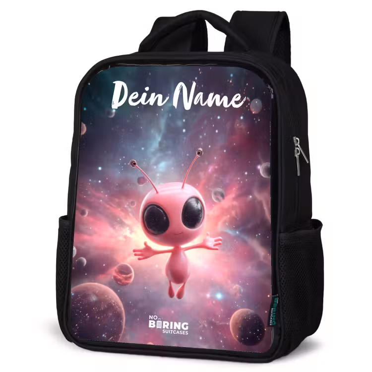 Kinderrucksack mit Namen - Schwarz - Rosa Alien im Sternennebel — 4