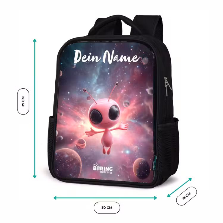 Kinderrucksack mit Namen - Schwarz - Rosa Alien im Sternennebel — 6