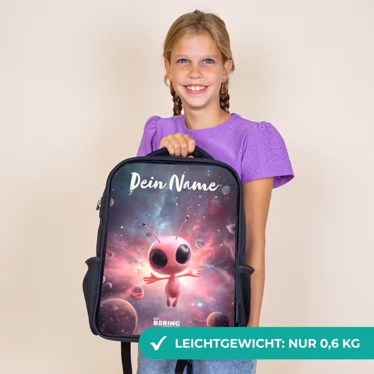 Kinderrucksack mit Namen - Schwarz - Rosa Alien im Sternennebel — 7