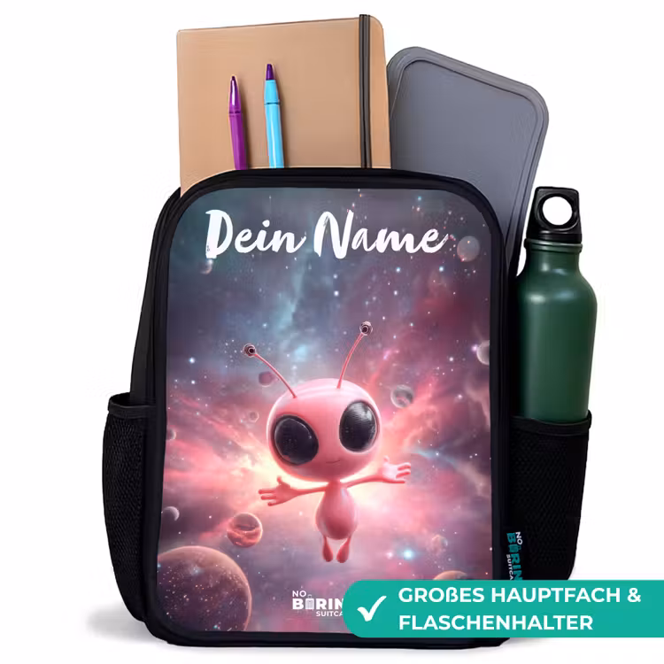 Kinderrucksack mit Namen - Schwarz - Rosa Alien im Sternennebel — 8