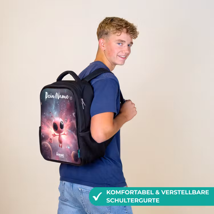 Kinderrucksack mit Namen - Schwarz - Rosa Alien im Sternennebel — 9