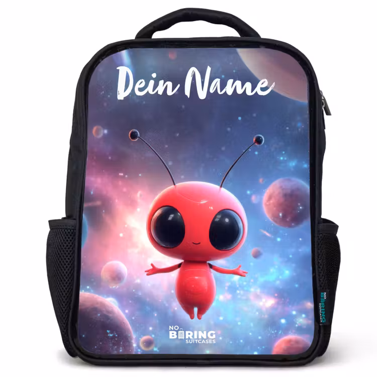 Kinderrucksack mit Namen - Schwarz - Rotes Raumwesen im kosmischen Tanz — 1