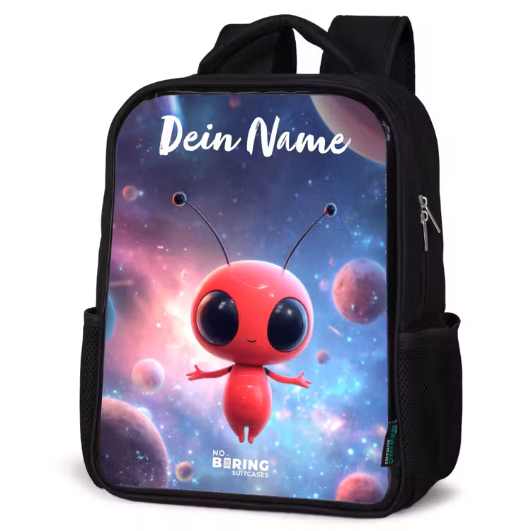Kinderrucksack mit Namen - Schwarz - Rotes Raumwesen im kosmischen Tanz — 4