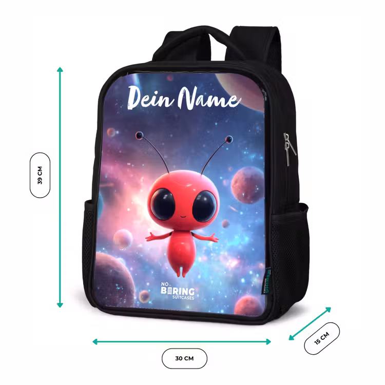 Kinderrucksack mit Namen - Schwarz - Rotes Raumwesen im kosmischen Tanz — 6