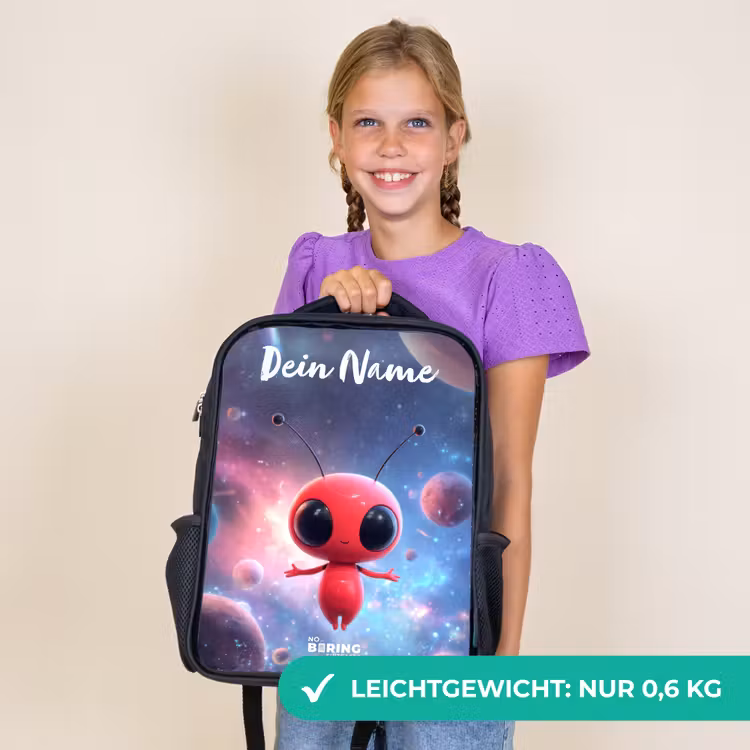 Kinderrucksack mit Namen - Schwarz - Rotes Raumwesen im kosmischen Tanz — 7