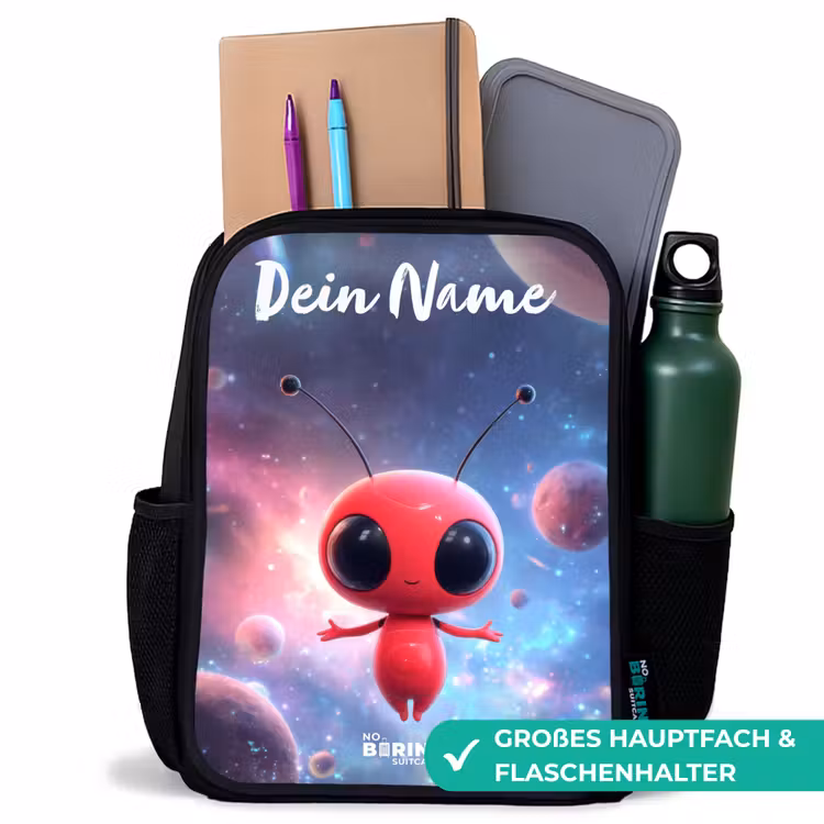 Kinderrucksack mit Namen - Schwarz - Rotes Raumwesen im kosmischen Tanz — 8