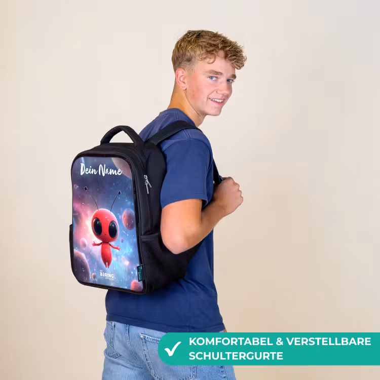 Kinderrucksack mit Namen - Schwarz - Rotes Raumwesen im kosmischen Tanz — 9
