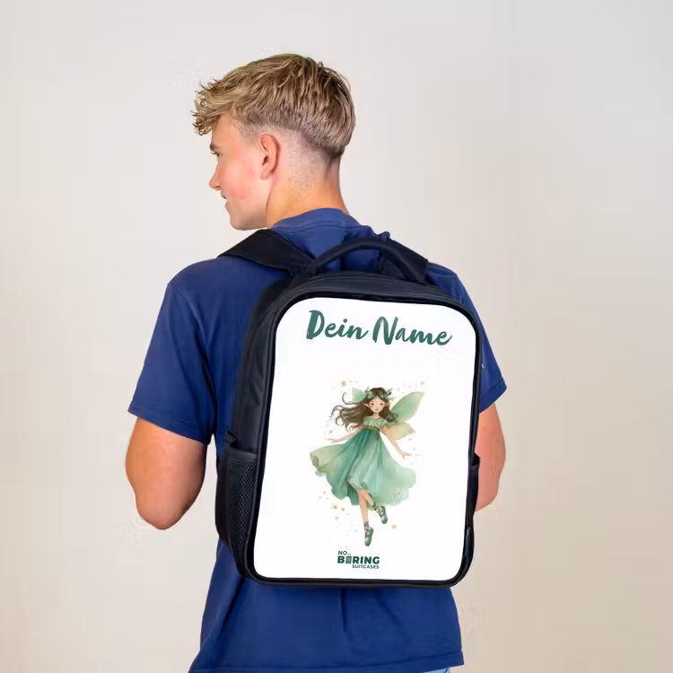 Kinderrucksack mit Namen - Schwarz - Schwebende grüne Elfe — 3