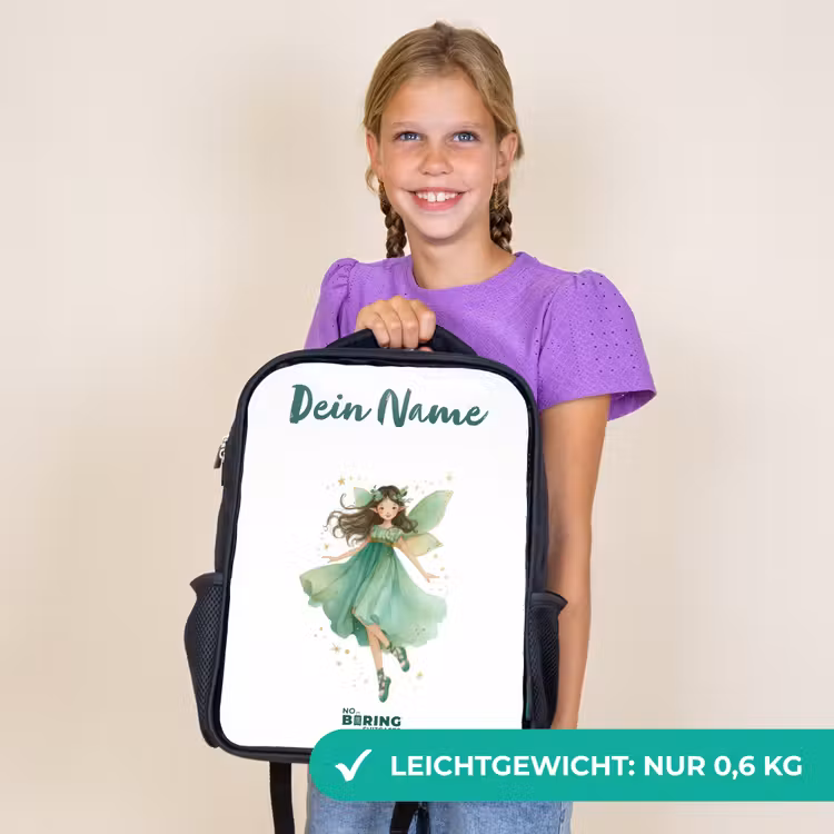 Kinderrucksack mit Namen - Schwarz - Schwebende grüne Elfe — 7