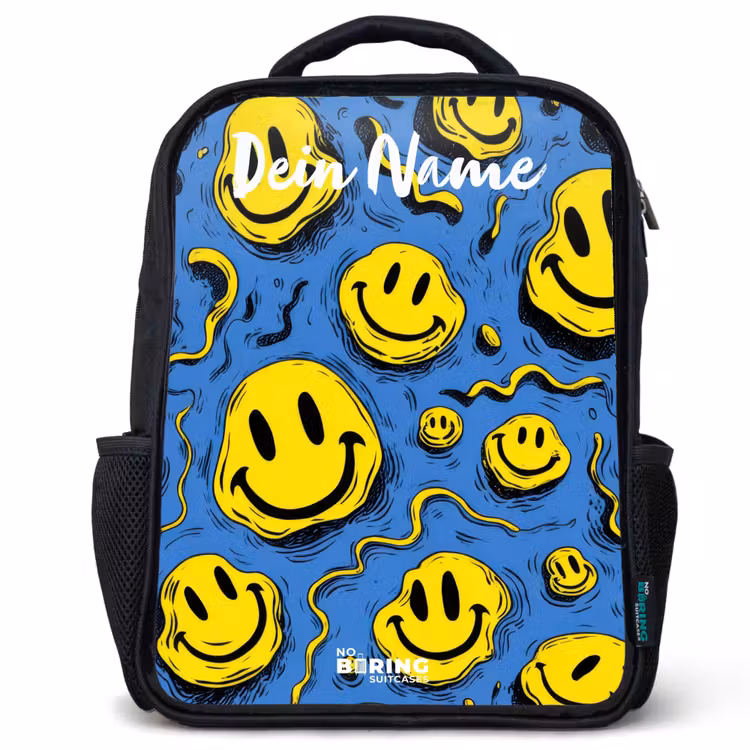 Kinderrucksack mit Namen - Schwarz - Smiley - Blau - Gelb — 1