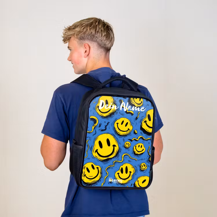 Kinderrucksack mit Namen - Schwarz - Smiley - Blau - Gelb — 3