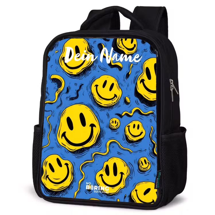 Kinderrucksack mit Namen - Schwarz - Smiley - Blau - Gelb — 4