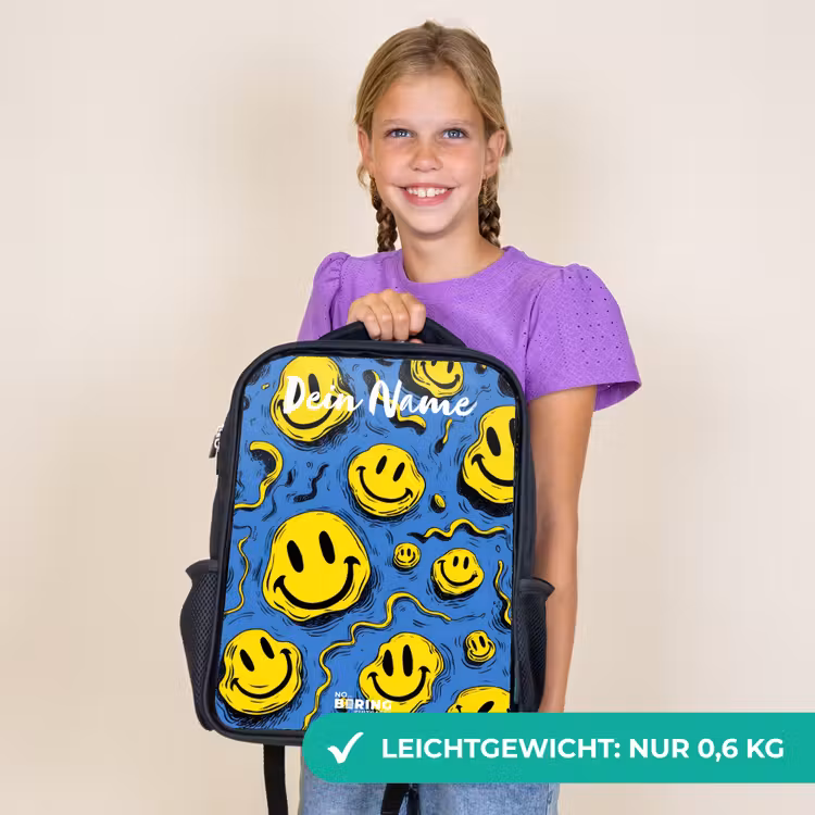 Kinderrucksack mit Namen - Schwarz - Smiley - Blau - Gelb — 7