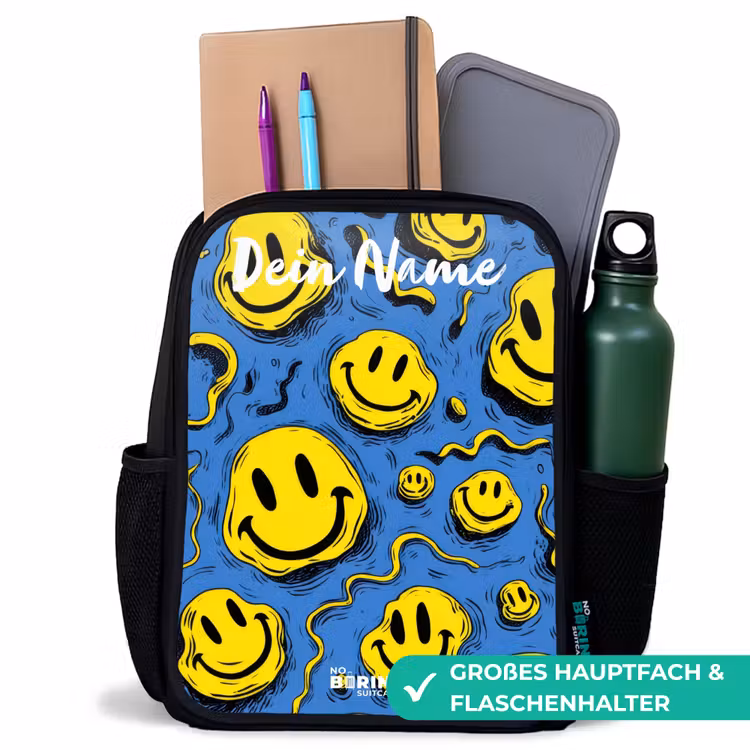 Kinderrucksack mit Namen - Schwarz - Smiley - Blau - Gelb — 8
